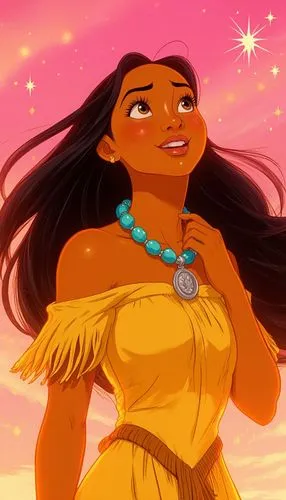 "Beautiful Pocahontas, young Native American woman with long flowing jet-black hair blowing in the wind, warm tan skin, large expressive brown eyes, looking up with hopeful and emotional expression, w