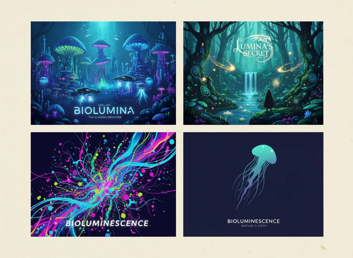 Una griglia di quattro design di manifesti in stili diversi: sci-fi, fantasy, astratto e minimalista, tutti con il tema della Bioluminescenza.