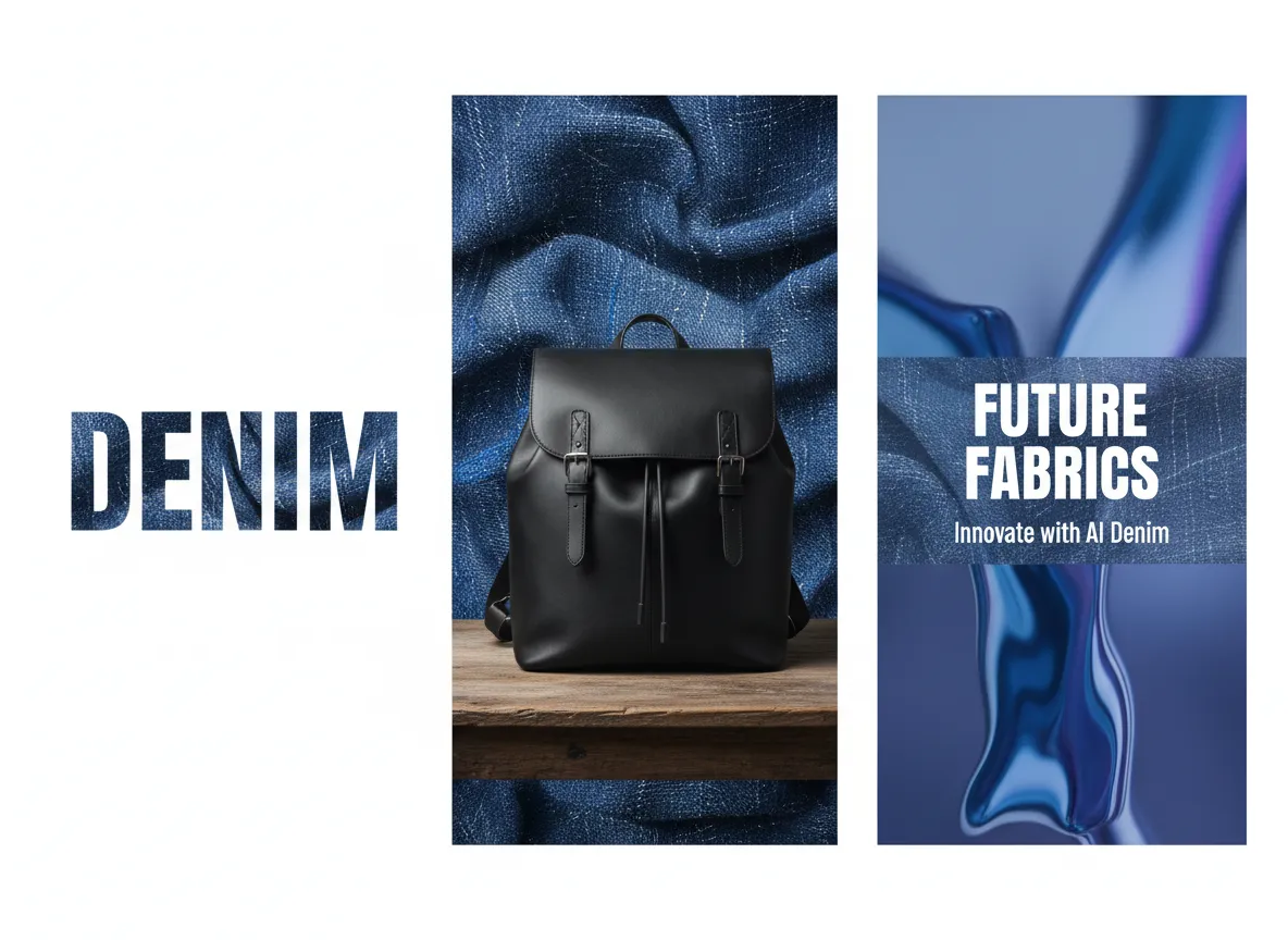 Eine Collage von Designbeispielen, die die KI-Jeans-Textur verwenden: mit der Textur gefüllter Text, ein auf einem Jeans-Hintergrund platziertes Produkt und ein Web-Banner mit einer Jeans-Überlagerung.
