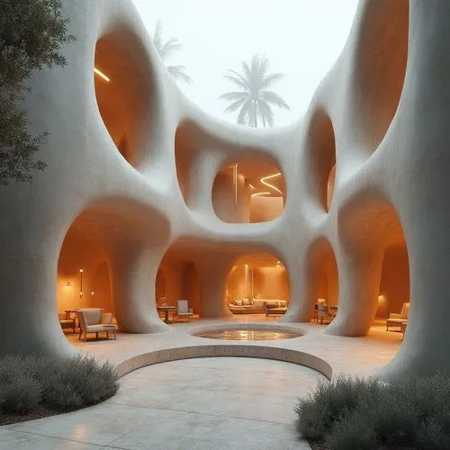 A sculptural digital model of an urban meditation center inspired by the folds of fabric, with flowing concrete drapes and soft glowing interiors, placed within a quiet Indian courtyard.",a building w