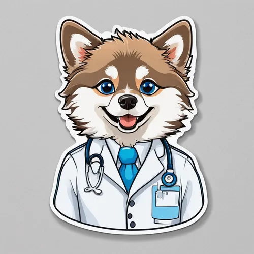a pomsky wearing a dentist coat, smiling, sticker, white background, left eye brown, right eye blue, Light Pure background,veterinarian,veterinary,medicine icon,biosamples icon,cartoon doctor,physicia