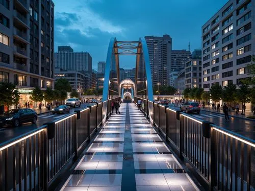 Futuristic pedestrian bridge, sleek metallic structure, gleaming LED lights, transparent glass floors, minimalist design, urban cityscape, bustling streets, vibrant nightlife, neon lights, misty atmos
