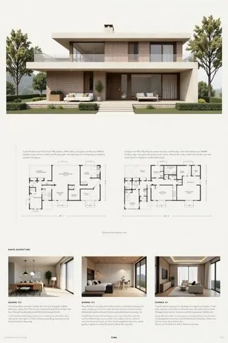 A professional architectural presentation board with a Pure background and a clean, minimalist design layout. The board includes:
Top Section: On the top left, a photorealistic render of a contempora