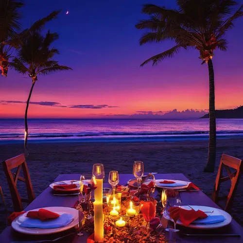 Imagine a candlelit dinner by the beach on Valentine's Day, with soft music playing in the background.,hawaii,hawaiian food,romantic dinner,beach restaurant,candle light dinner,table setting,outdoor d