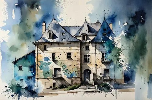 Transform this sketch of Rathaus von La Bacconiere into an illustration in an expressive and gestural style, Verändere die Architektur und den Blickwinkel nicht. Use ink and watercolor with loose stro