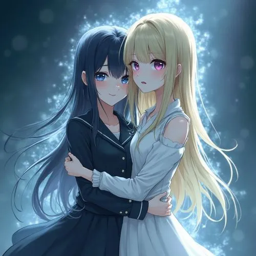 Two young girls hugging each other. One has pale white skin and black hair wearing a long black dress. the other has fleshy skin with long blonde hair and a long white dress,two anime characters stand