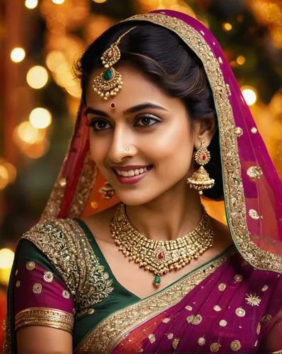 Radiant Devotion: An extremely beautiful woman in a richly adorned saree, gracefully draped with a delicate ghunghat. With a gentle smile, she holds a beautifully crafted clay diya with both hands, st