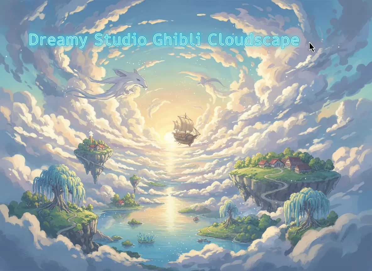 एक एनीमेशन जिसमें एक टेक्स्ट प्रॉम्प्ट टाइप किया जा रहा है और फिर जल्दी से एक सुंदर Studio Ghibli शैली के सपनों जैसे बादलों की पेंटिंग में बदल रहा है।