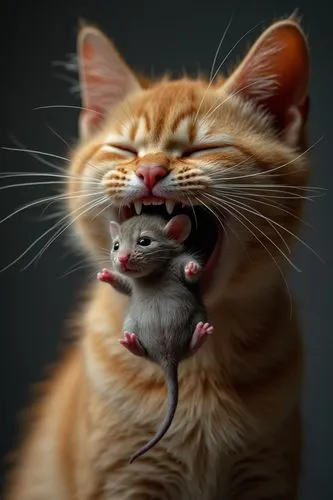 A close-up photo of a crying cat, Holding a crying mouse in his mouth,an orange cat with its mouth open with a mouse in it's paws,red whiskered bulbull,funny cat,biting,souris,catfight,cat and mouse,g