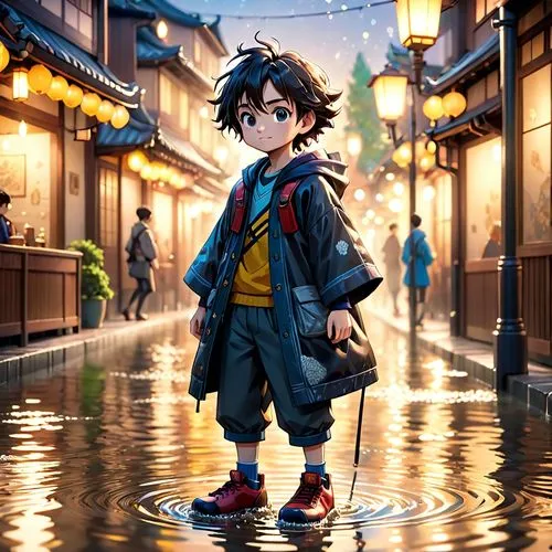 japanese style, manga, realistic,flood,a boy standing in a street surrounded by water and lanterns,eguren,walking in the rain,shigehiro,anime japanese clothing,nikko,hiro,Anime,Anime,Cartoon