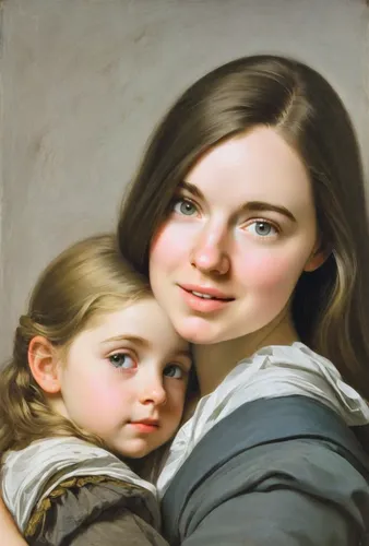 A six-year-old blonde daughter in the arms of a young brunette mother. Image in the style of Diego Rodriguez de Silva Velazquez.,little girl and mother,mother with child,child portrait,the girl's face