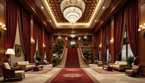 Grandiose hotel lobby, opulent chandeliers, intricately carved wooden paneling, lavish furnishings, rich velvet drapes, ornate gold accents, crystal sconces, majestic staircase, regal red carpeting, e