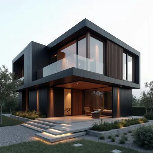 A hyper-realistic, high-resolution architectural photograph of a sleek, two-story modern residence with a minimalist, all-black exterior. The building’s façade is composed of smooth, matte metal panel