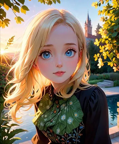 the skyline of a tranquil pool reflects the colors of the sunset as a stunning caucasian girl named maria stands tall in the center of a bustling metropolis. She stands in the distance with her blonde