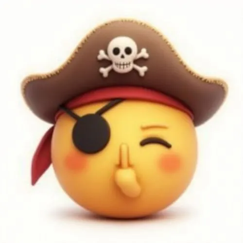 A digital illustration on a white background depicts a circular, yellow emoji character designed to resemble a pirate. The emoji sports a brown, wide-brimmed pirate hat adorned with a white skull and 