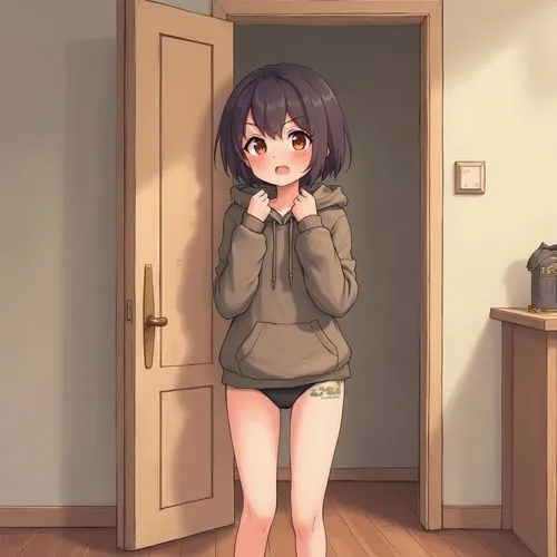 a girl wearing underwear and standing in an open doorway,pajama,cute clothes,sweater,nightclothes,sweatshirt,parka,winter clothing,comfy,winter clothes,underclothes,pajamas,sweaters,sleepwear,saki,war