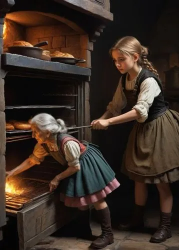 Old woman witch, old hands, old legs,girl in the kitchen,girl with bread-and-butter,children's stove,breadmaking,gingerbread maker,children learning,children studying,children's interior,cannon oven,b
