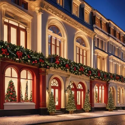 Explore how distinct architectural styles can be fused with Christmas elements to celebrate diversity and global traditions,an image of christmas decorations on windows on the side of a building,grand
