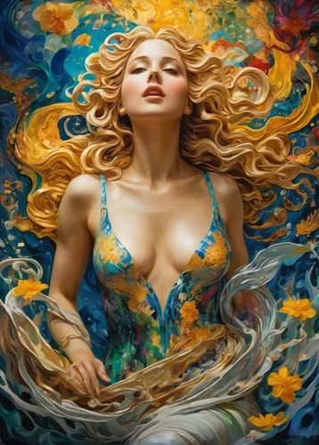 Sfumato and chairoscuro Painting, attractive woman look like mixture of jennifer lawrence and nicole kidman pose like venus in the painting named birth of venus by botticelli, best quality, picking ex