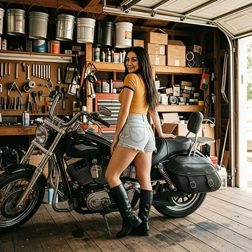 The image shows a young woman posing with a motorcycle in what appears to be a wooden garage or workshop. She is wearing a yellow crop top with black trim, high-waisted denim shorts, and tall black bo