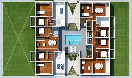 "Una PLANTA arquitectónica contemporánea de un edificio residencial con ingreso peatonal y vehicular en la planta baja. El diseño incluye balcones amplios con barandas revestidas con mallas metálicas 