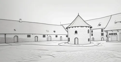 on the left a very long house with a pitched roof goes beyond the edge of the picture, the wall of the house goes to the very edge of the picture, the style of the image is a black and white drawing w