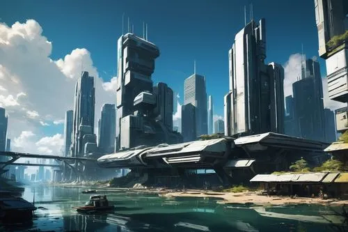  Game Scene, Wild angle view  Game Scene, Wild angle view a beautiful utopia  futuristic city, on the lake shore, modern  buildings,a sci - fi space station sits on top of a city,futuristic landscape,