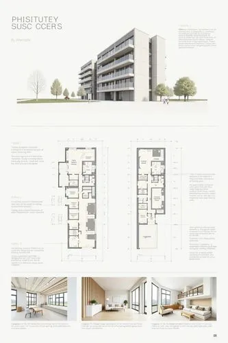 A professional architectural presentation board with a Pure background and a clean, minimalist design layout. The board includes:

Top Section: On the top left, a photorealistic render of a contempora