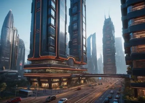 добавь автомобили и людей. Красивые вывески на фасадах.,a large group of tall buildings on a city street,futuristic architecture,futuristic landscape,metropolis,citadels,skyscraper town,the skyscraper