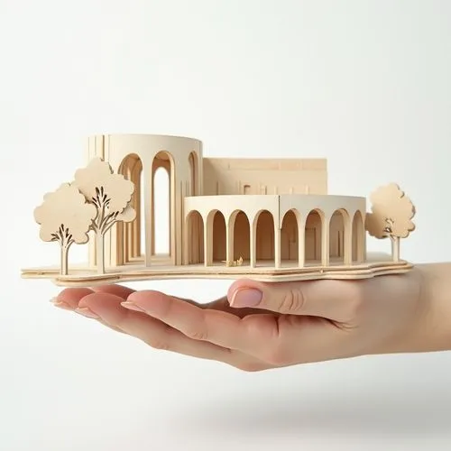 A super-realistic wooden hand model of an architectural studio, featuring arches and trees. The building is made of wood, and a person is holding it up to showcase its details. The design is minimalis