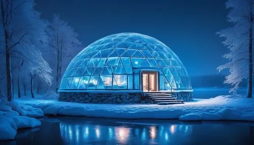 Arctic architecture, snow-covered building, modern igloo design, transparent glass dome, icy blue lights, frosty windows, frozen lake background, misty morning atmosphere, low-angle shot, cinematic co