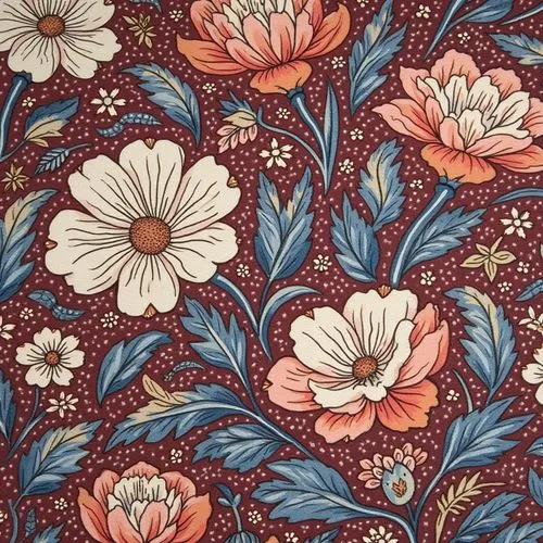 A linen fabric with the pattern of an elegant and detailed floral design in dark red, blue, and white colors. The background is a solid color, and the design contains large flowers, leaves, and small 