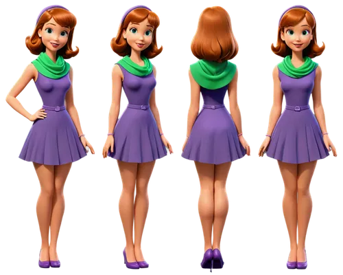 Create only high resolution, pixar 3d, realistic, 4k, character sheet style images, like a paper doll, A pose style. Show the front and back view, side by side. Create the Daphne Blake of the animated