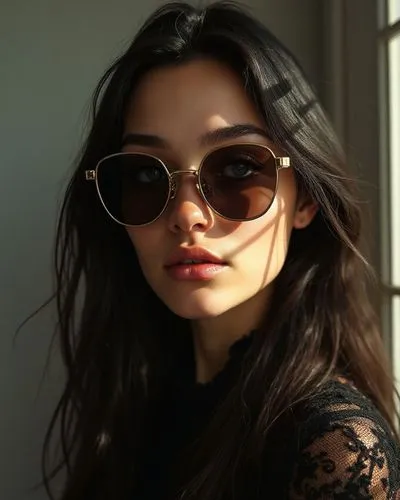an attractive young woman wearing sunglasses in a room,sunglasses,shades,aviators,sun glasses,color glasses,portrait background