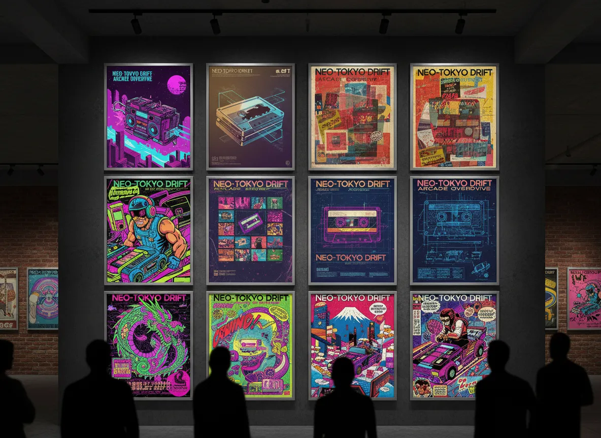 Una vista galleria che mostra nove diverse varianti di poster Cassette Futurism generate da un singolo prompt, dimostrando la diversità creativa.