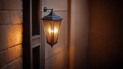 a light is glowing on the side of a door,porchlight,lamplight,outdoor street light,wall light,gas lamp,street lantern,vintage lantern,facade lantern,streetlight,illuminated lantern,street light,street