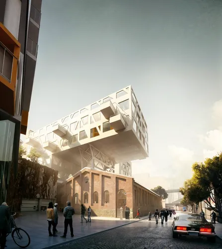 modern building,a very tall building sitting over some people,pedrera,mipim,unbuilt,3d rendering,masdar,render,cantilevers,miralles,cantilevered,renders