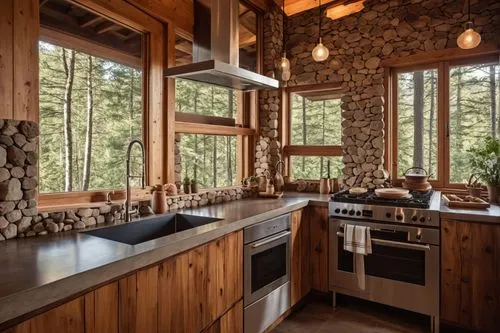 huge window, outside is Forest,tile kitchen,cordwood,wood casework,kitchen design,wooden windows,modern kitchen,the cabin in the mountains,countertops,log home,kitchen interior,big kitchen,dark cabine