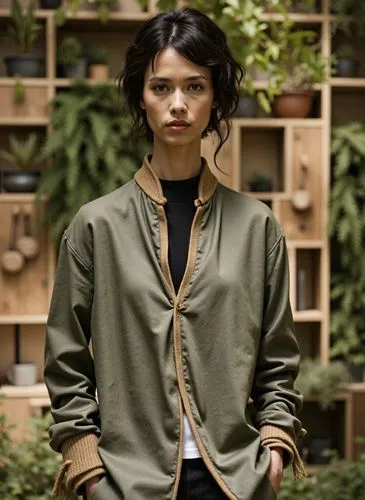woman standing in front of plant filled shelf with pots and greenery,menswear for women,woman in menswear,overcoats,outerwear,botanist,green jacket,clover jackets,sage green,outer,jacket,smocks,layeri