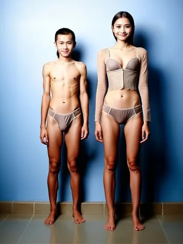 John & Matilda Ponce’s portrait.,two young people posing for a po while wearing matching underwear,polykleitos,human body,floresiensis,anteroposterior,anthropometry,homography,body building,physiques,
