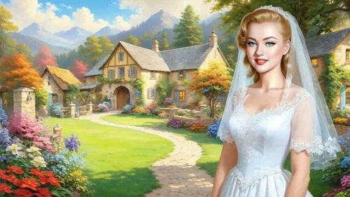 Romantic masterpiece oil painting, 1950's kitsch style, countryside farm courtyard, bridal veil, high res, by Thomas Kinkade, by Bob Ross
