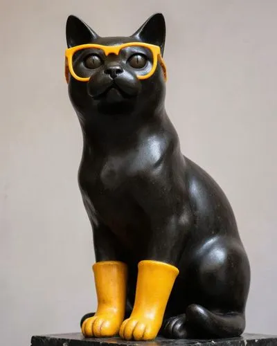 estatua de un gato oscuro con gafas naranjadas,a statue of a cat wearing yellow glasses,panther,vintage cat,head of panther,cat frame,feline,monocle,feline look,bespectacled,great puma,bronze sculptur