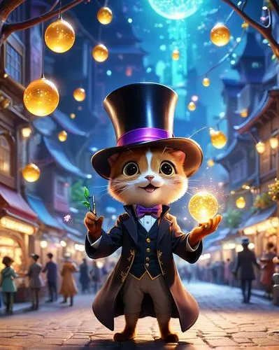 a magician performs a show of light deception in a mystical atmosphere of the play of light and shadow,a cartoon cat wearing a top hat and coat is holding out a sparkle ball,ringmaster,filbert,conduct