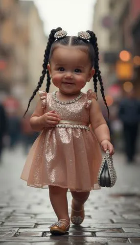 An obese baby with braided hair and sparkling jewelry, accessorized with a small clutch and walking confidently down a busy city avenue in a glittering dress.


,a doll wearing a little girl dress wal