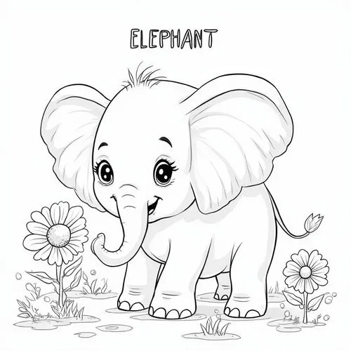 {
  "prompt": "Create a detailed black-and-white line drawing of a friendly elephant in a garden setting for a coloring book. The elephant should be the central focus, depicted with large floppy ears 