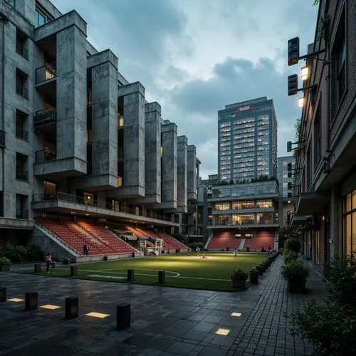 Rugged soccer stadium, brutalist architecture, raw concrete facade, distressed metal beams, weathered wooden accents, rough stone walls, industrial-style floodlights, urban cityscape, cloudy overcast 