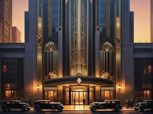 Art Deco skyscraper, 1920s architecture style, luxurious, glamorous, geometric patterns, metallic materials, ornate decorations, grand entrance, symmetrical composition, cityscape, urban, sunset, warm