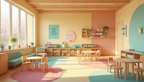 Vibrant kindergarten interior, bright color scheme, warm beige walls, playful turquoise accents, soft peach furniture, colorful rug patterns, educational wall art, inspirational quotes, natural wood t