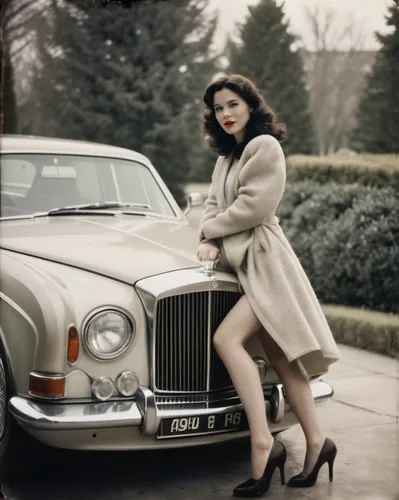 Full body far shot, modern day snow white in modern clothes, she is leaning up against a Bentley,classic rolls royce,rolls royce car,rolls-royce silver cloud,rolls-royce corniche,rolls-royce silver da