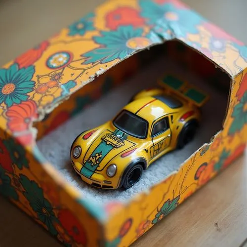 car toy idea,colorfull box,a yellow toy car in an open wooden box,matchbox car,toy car,flower car,yellow car,toy cars,tin car,cartoon car,matchbox,woody car,miniature car,model car,little car,wooden c